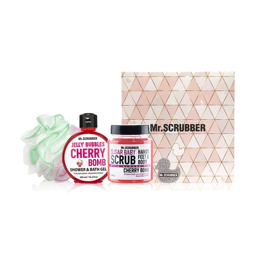 Mr.Scrubber Набір Cherry Bomb (цукровий скраб, 300 г + гель для душу, 300 мл + мочалка) - фото N1
