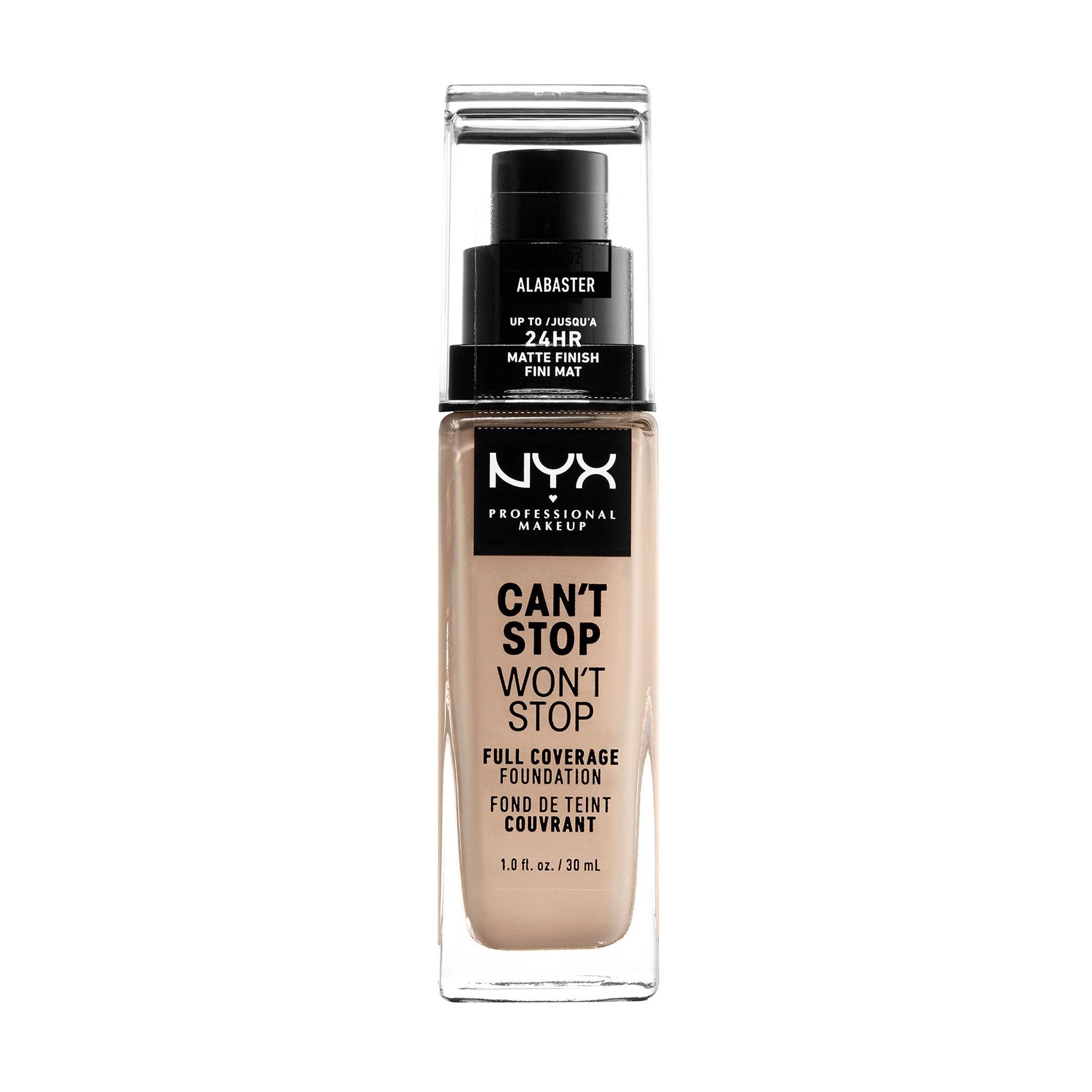 NYX Professional Makeup Тональна основа Can't Stop Won't Stop Full Coverage Foundation, водостійка, 02 Alabaster, 30 мл - фото N1