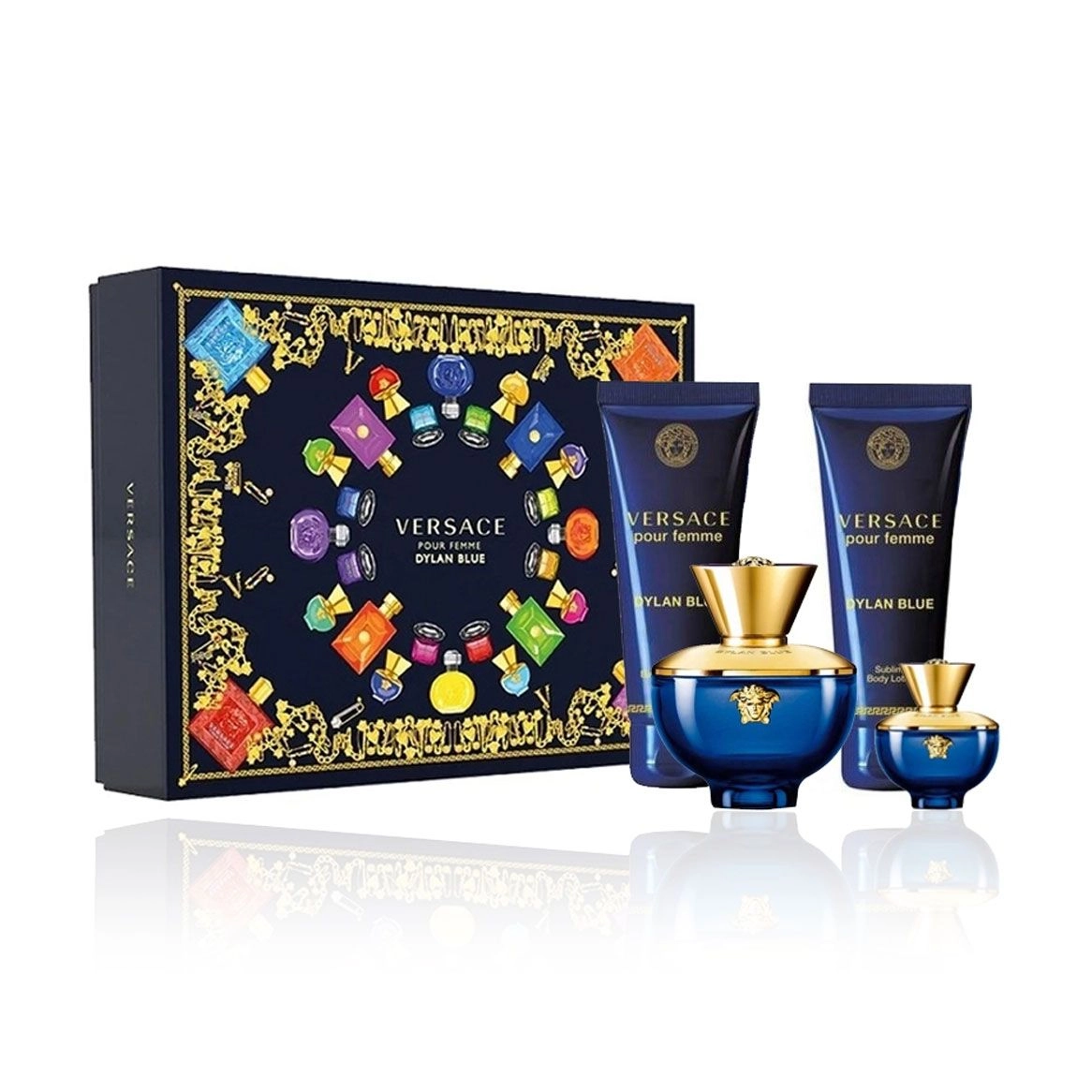 Versace Парфюмированный набор женский Pour Femme Dylan Blue (парфюмированная вода, 100 мл + парфюмированная вода, 5 мл + гель для душа, 100 мл + лосьон, 100 мл) - фото N1