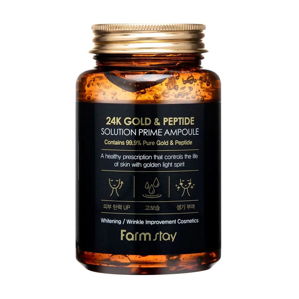 Антивікова ампульна сироватка для обличчя з 24-х каратним золотом та пептидами - FarmStay 24K Gold & Peptide Solution Prime Ampoule, 250 мл - фото N1