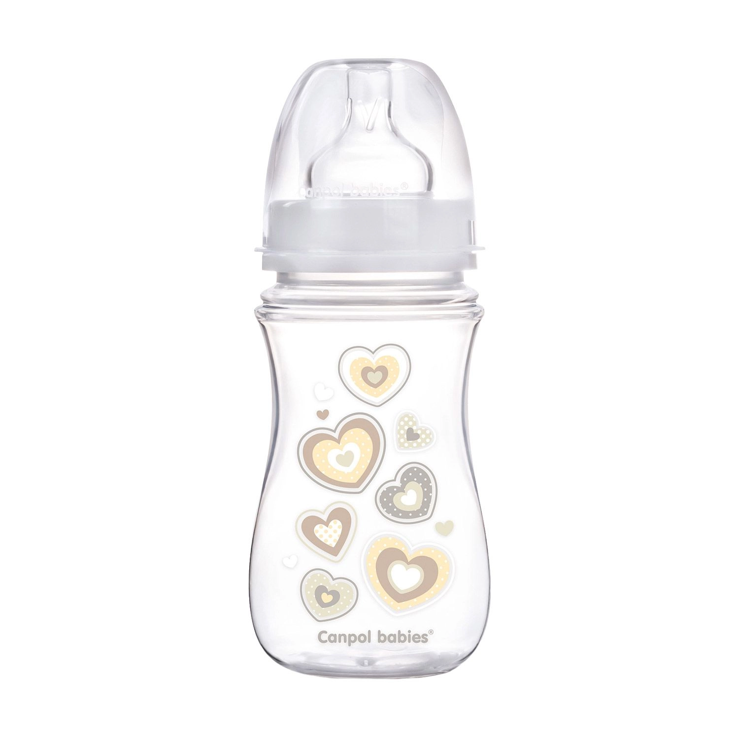 Canpol Babies Бутылочка для кормления EasyStart Newborn baby, от 3 месяцев, с широким отверстием, антиколикова, бежевые сердца, 240 мл - фото N1