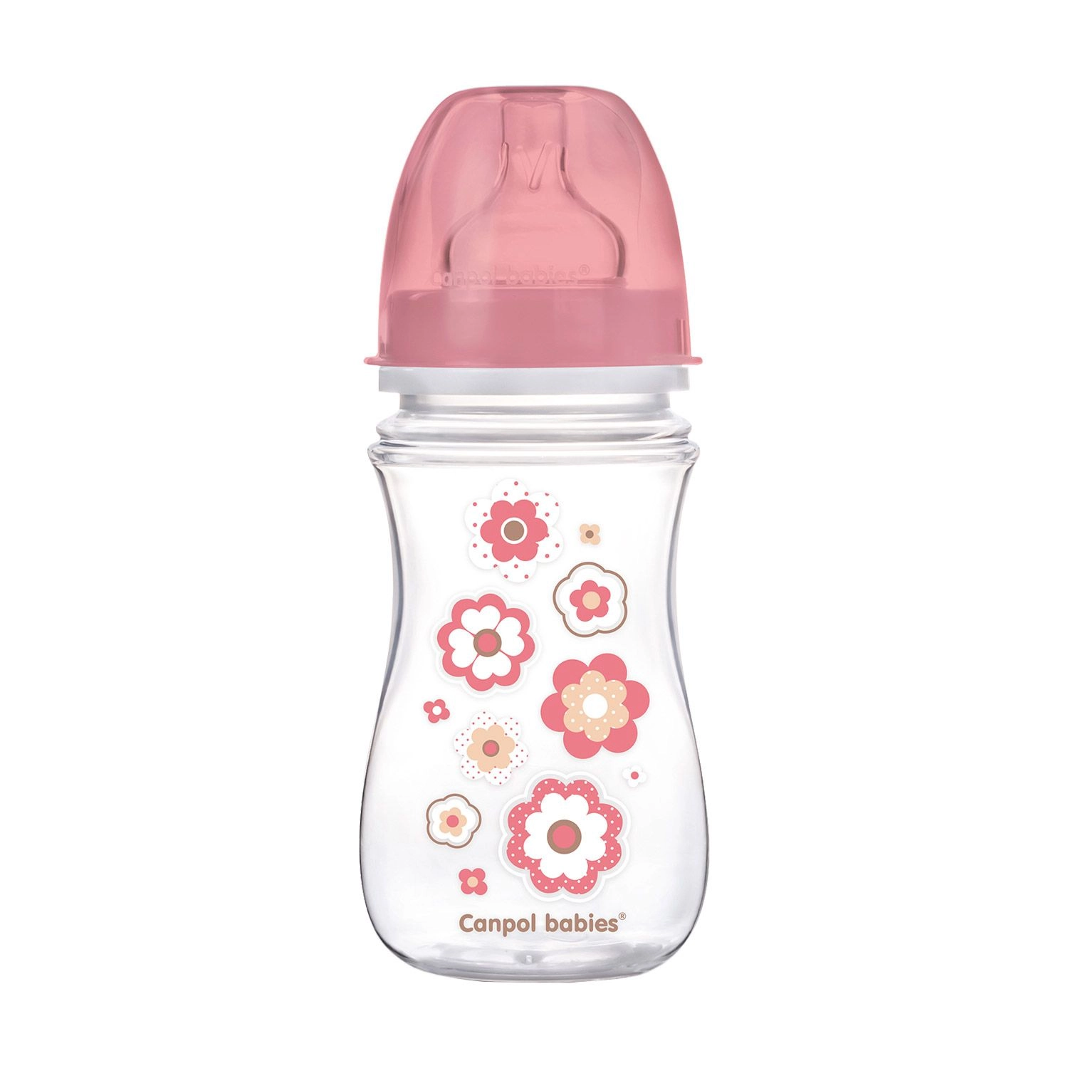 Canpol Babies Бутылочка для кормления EasyStart Newborn baby, от 3 месяцев, с широким отверстием, антиколикова, розовые цветы, 240 мл - фото N1
