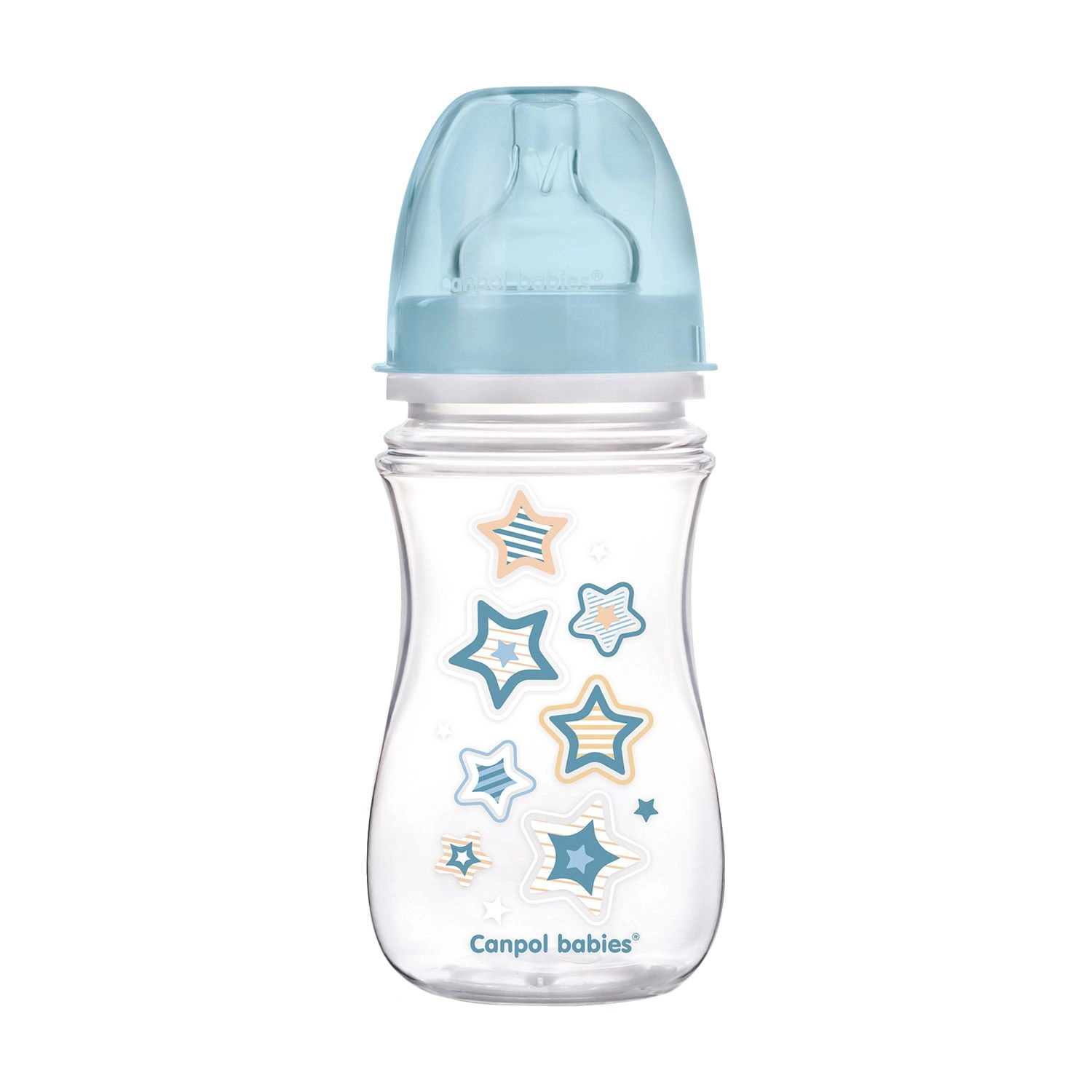 Canpol Babies Бутылочка для кормления EasyStart Newborn baby, от 3 месяцев, с широким отверстием, антиколикова, синие звезды, 240 мл - фото N1
