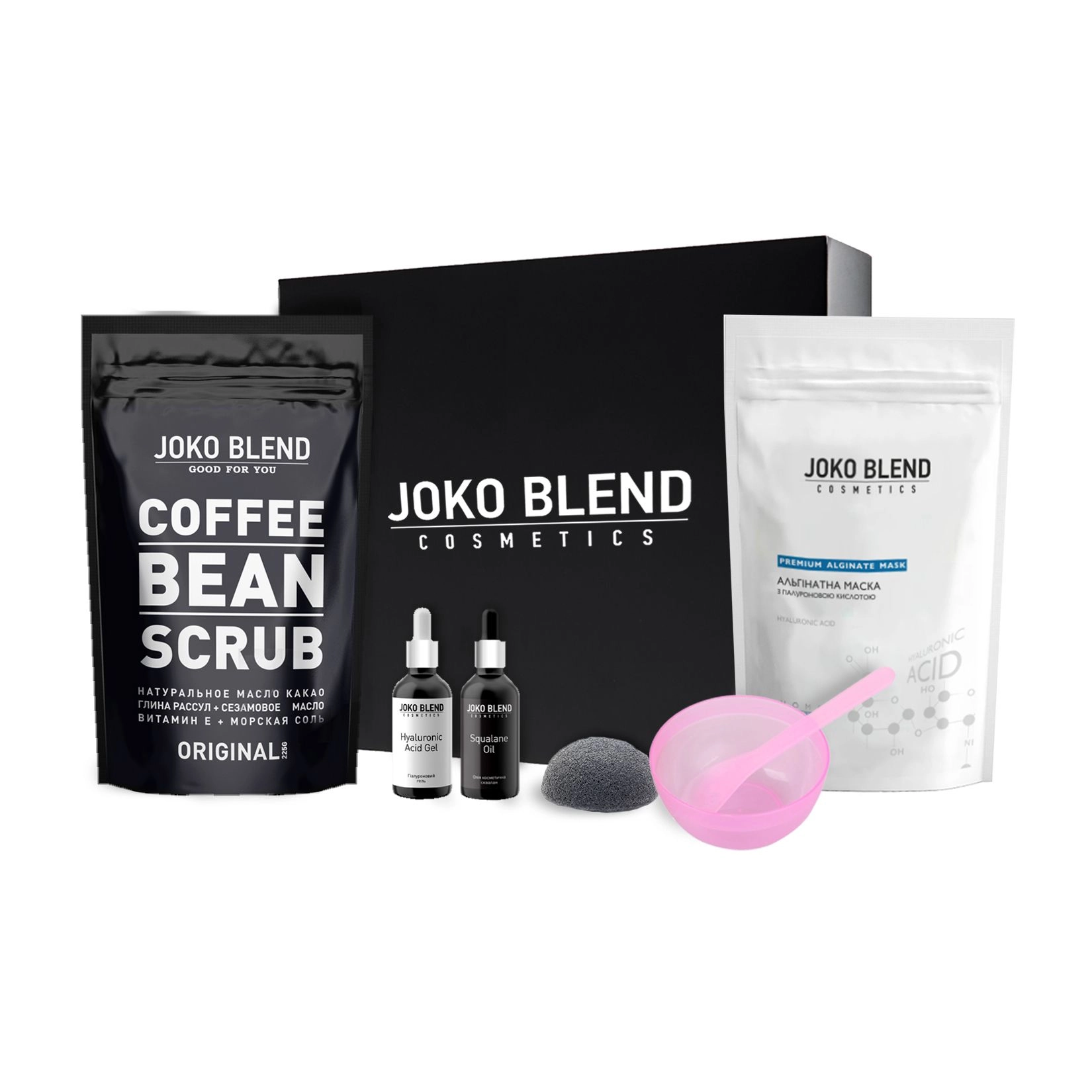 Joko Blend Набiр Dream Gift Pack (кавовий скраб + альгінатна маска з гіалуроновою кислотою + гель для обличчя з гіалуроновою кислотою + олія косметична) - фото N1