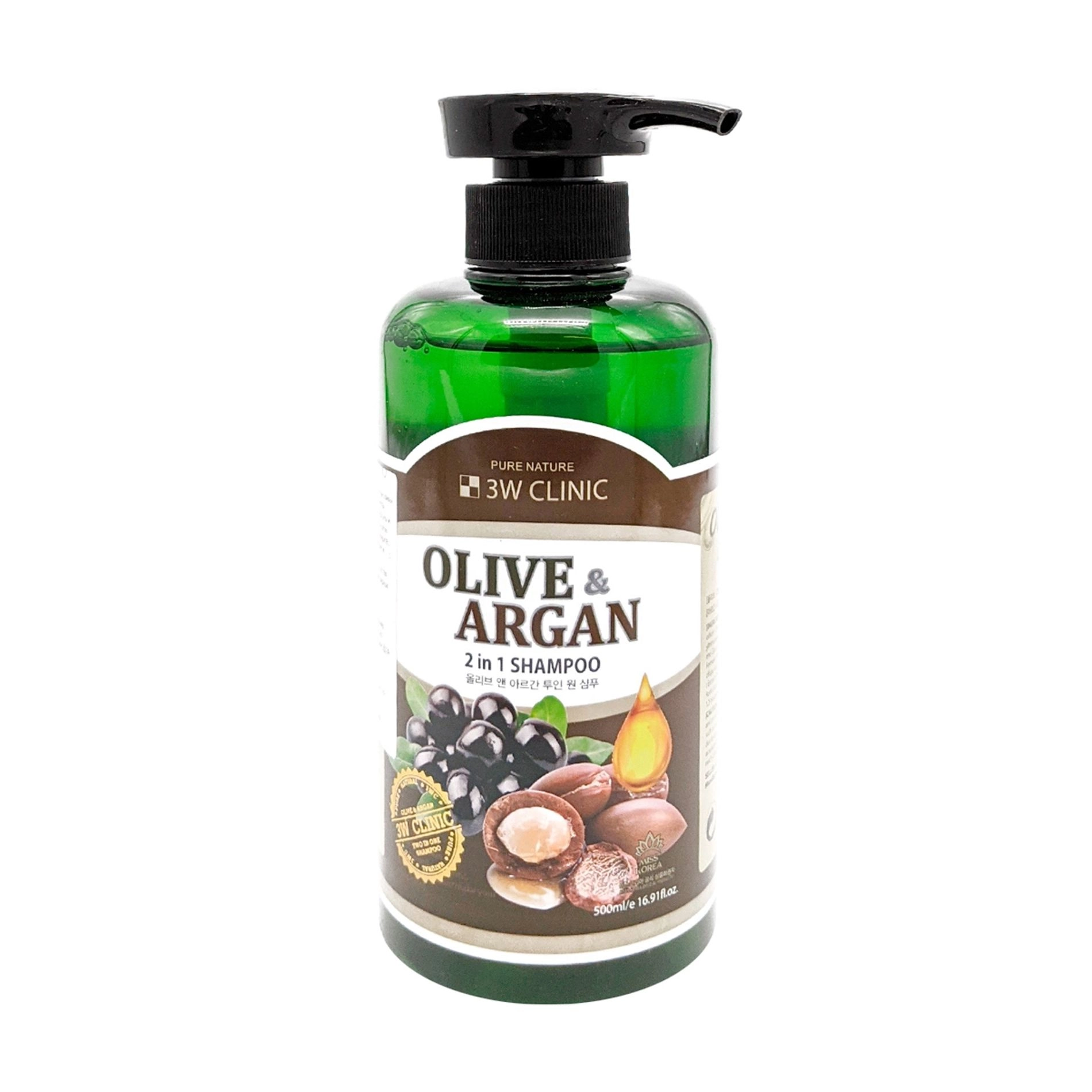 3W Clinic Шампунь для повреждённых волос Olive & Argan 2 in 1 Shampoo с маслами арганы и оливы, 500 мл - фото N1