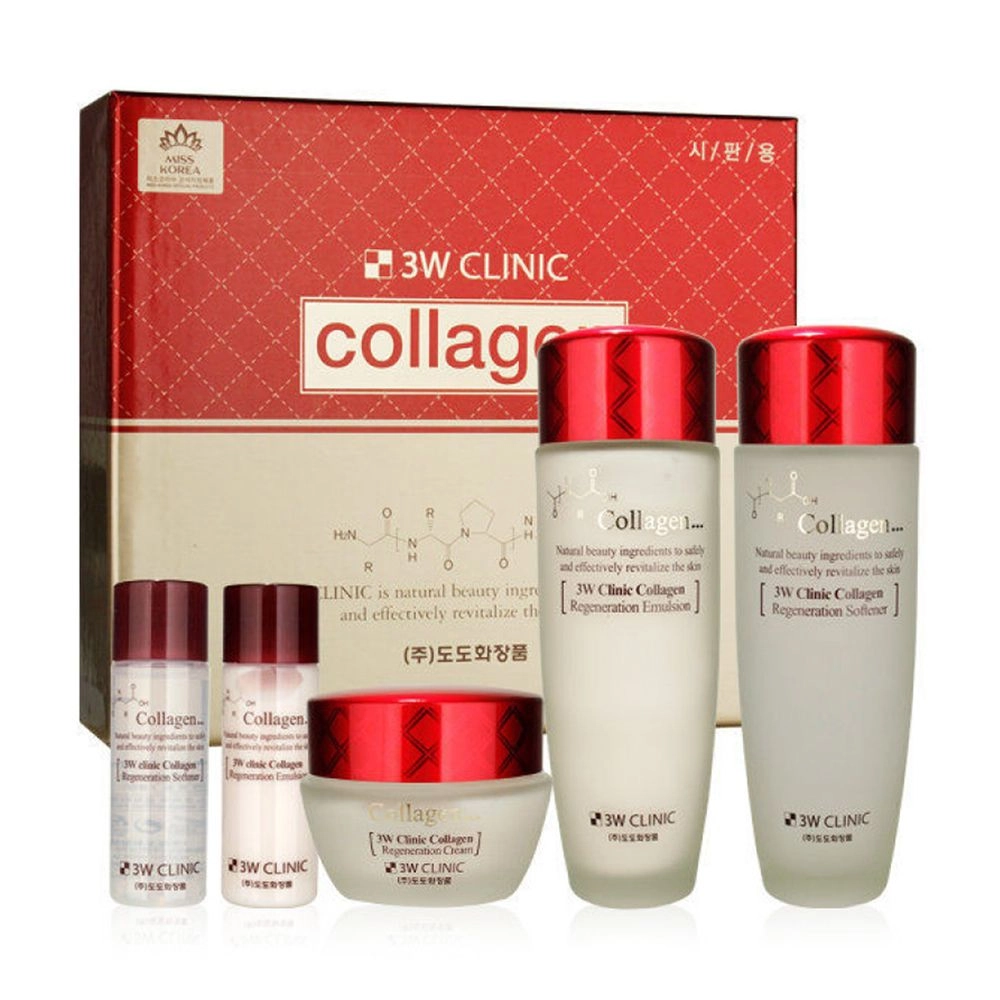 3W Clinic Набор Collagen Skin Care 3 Items Set (тонер для лица, 150 мл + эмульсия, 150 мл + крем для лица, 60 мл + тоник, 30 мл + эмульсия, 30 мл) - фото N1