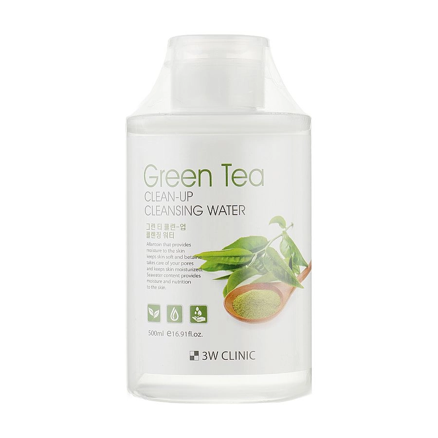 3W Clinic Міцелярна очищувальна вода для обличчя Green Tea Clean-Up Cleansing Water з екстрактом зеленого чаю, 500 мл - фото N1