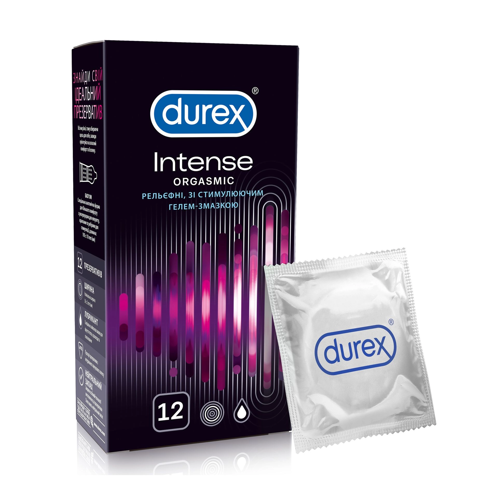 Durex Презервативы Intense Orgasmic Рельефные, со стимулирующим гелем-смазкой, 12 шт - фото N1