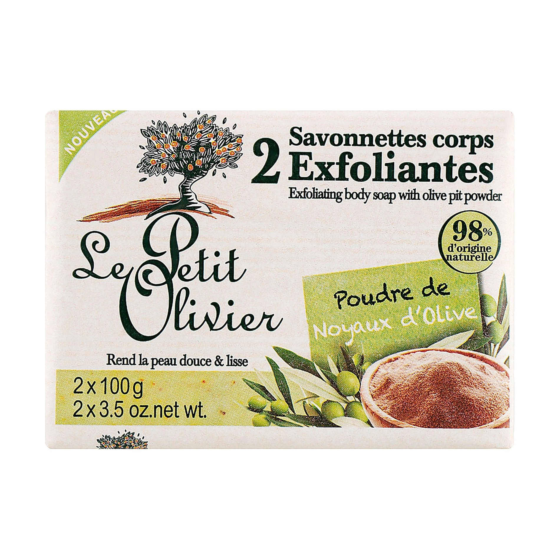 Le Petit Olivier Відлущувальне мило для тіла з пудрою оливкової кісточки, 2*100 г - фото N1