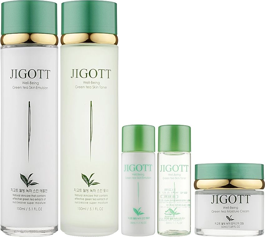 Набір для догляду за обличчям Зелений Чай - Jigott Well-being Green Tea Skin Care 3 SET, 5 предметів - фото N1