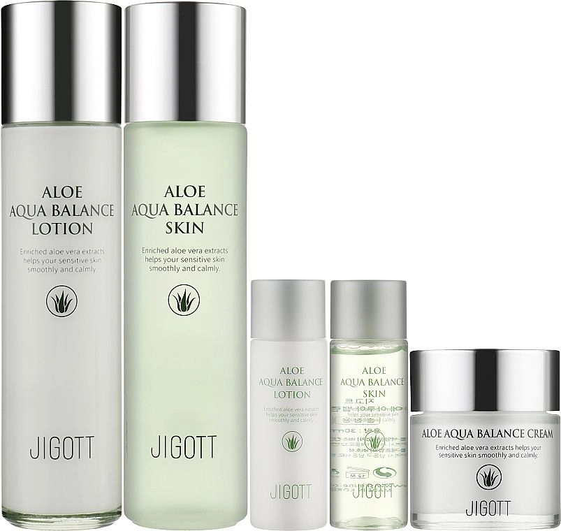 Набір зволожуючої косметики для обличчя з алое - Jigott Aloe Aqua Balance Skin Care 3 Set, 5 продуктів - фото N1