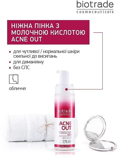 Нежная очищающая пена с молочной кислотой для любого типа кожи - Biotrade Acne Out Cleansing Face Foam, мини, 20 мл - фото N4