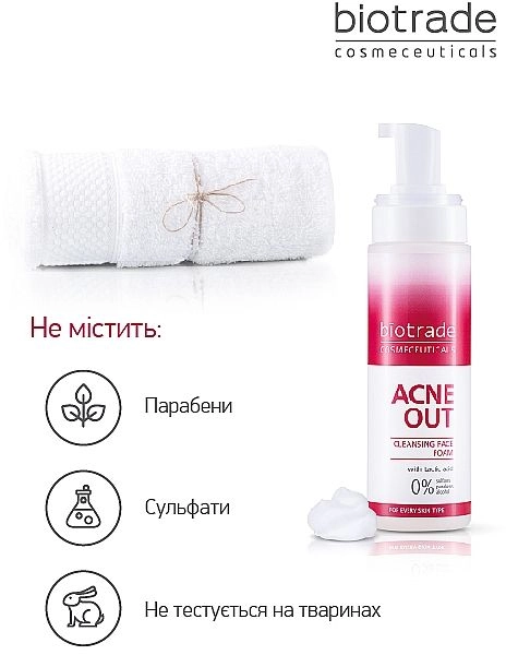 Нежная очищающая пена с молочной кислотой для любого типа кожи - Biotrade Acne Out Cleansing Face Foam, мини, 20 мл - фото N7