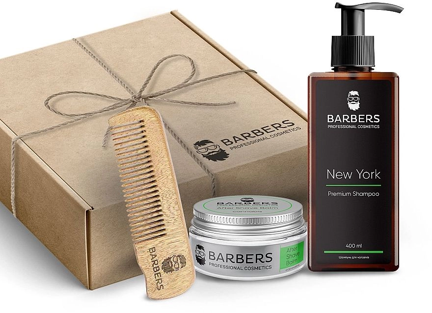 Подарунковий набір для чоловіків - Barbers True Men's Set, шампунь + бальзам після гоління + гребінець для бороди та вусів - фото N1