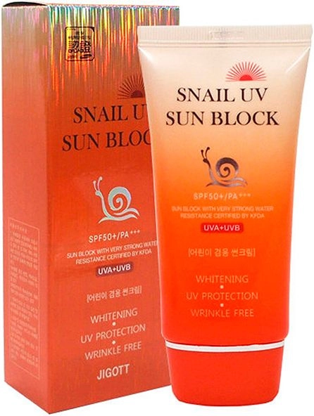 Сонцезахисний водостійкий крем для обличчя з муцином равлики - Jigott Snail UV Sun Block Cream SPF 50+, 70 мл - фото N1