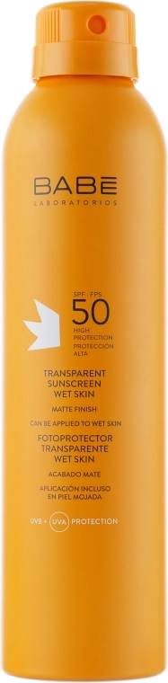 Увляжняющий прозрачный солнцезащитный спрей с SPF 50 и матирующим эффектом - BABE Laboratorios Transparent Sunscreen Wet Skin SPF 50, 200 мл - фото N1
