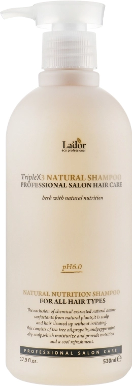 Бессульфатный натуральный шампунь для сухой чувствительной кожи головы склонной к перхоти - La'dor Triplex Natural Shampoo, 530 мл - фото N1