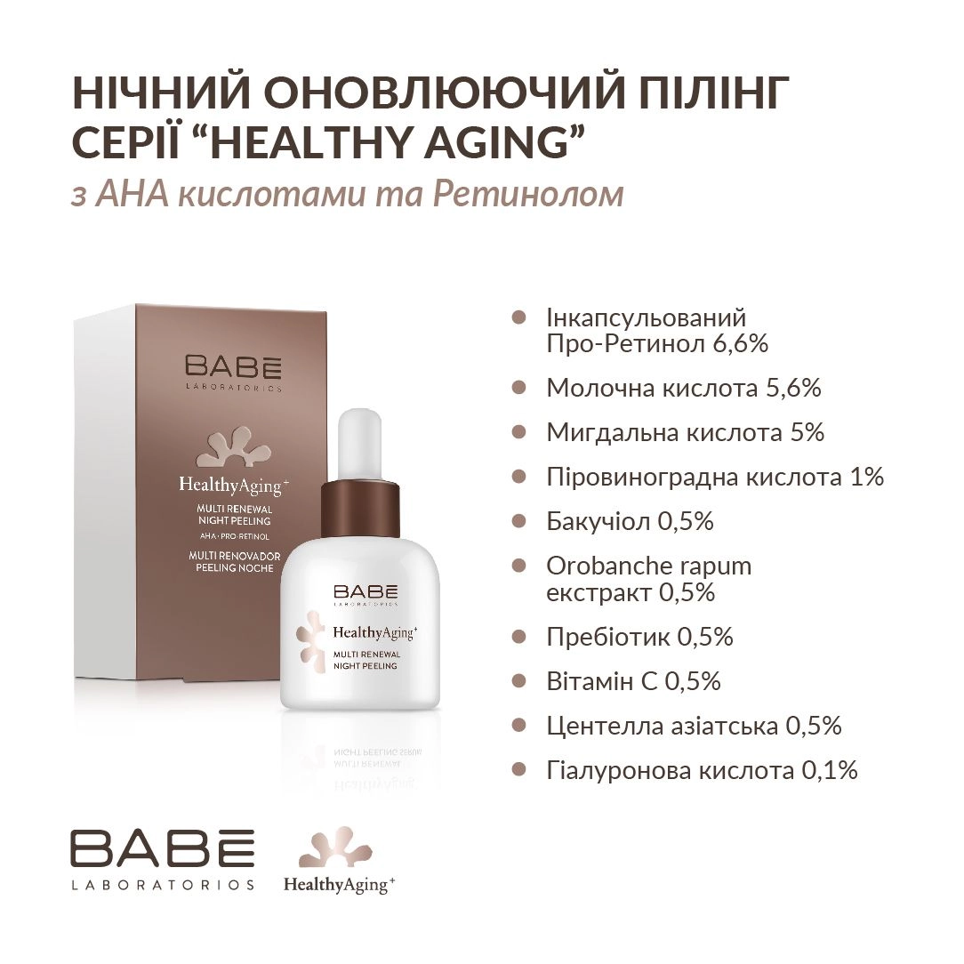 Ночной обновляющий пилинг с AHA кислотами и ретинолом - BABE Laboratorios Healthy Aging Multi Renewal Night Peeling, 30 мл - фото N7