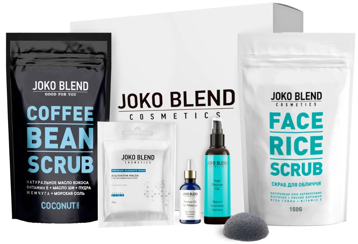 Подарунковий набір - Joko Blend Beauty Gift Pack, альгінатна маска, скраб для тіла, скраб для обличчя, олія праймер, олія для волосся, спонж - фото N1