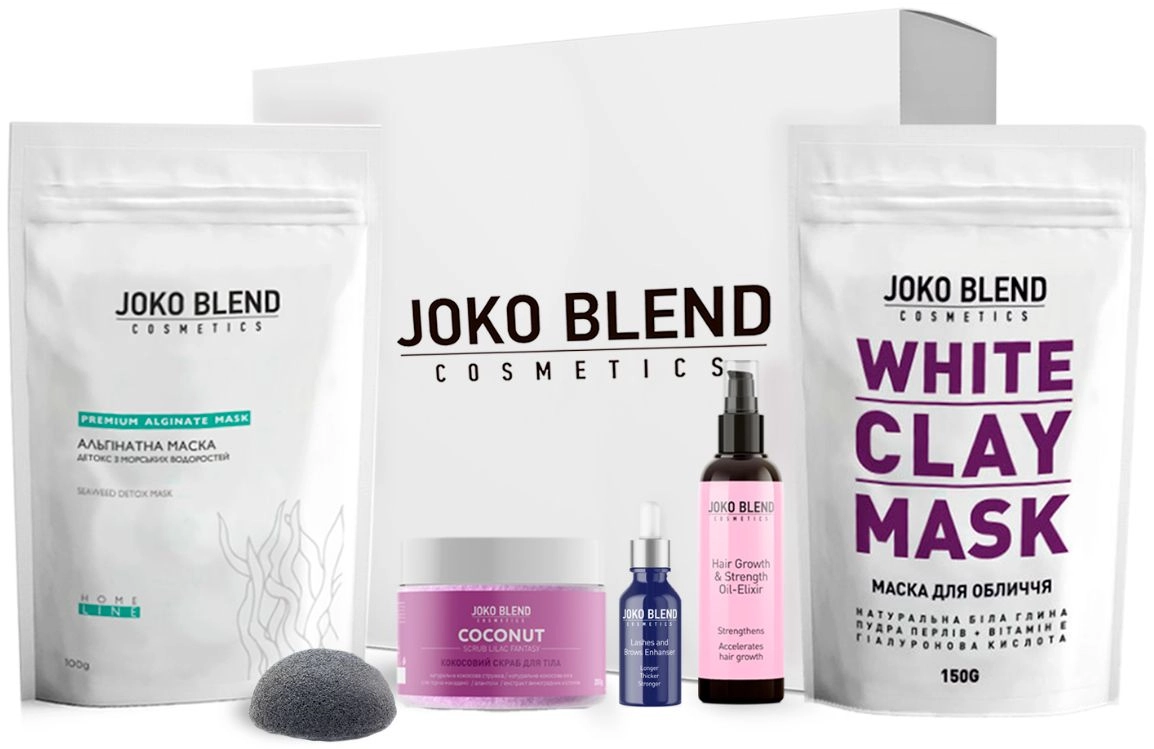 Подарунковий набір - Joko Blend Relax Gift Pack, альгінатна маска, глиняна маска, кокосовий скраб, олія для вій, олія для росту волосся, спонж - фото N1