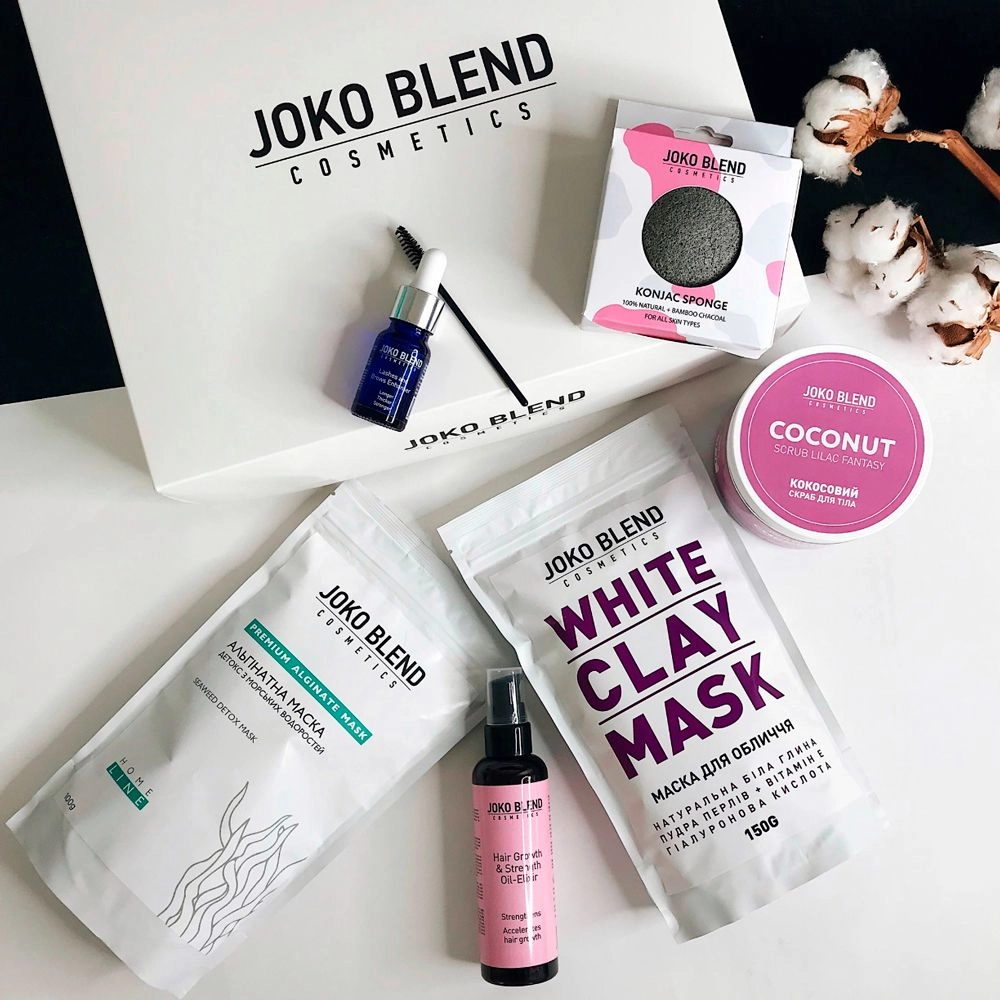 Подарунковий набір - Joko Blend Relax Gift Pack, альгінатна маска, глиняна маска, кокосовий скраб, олія для вій, олія для росту волосся, спонж - фото N2