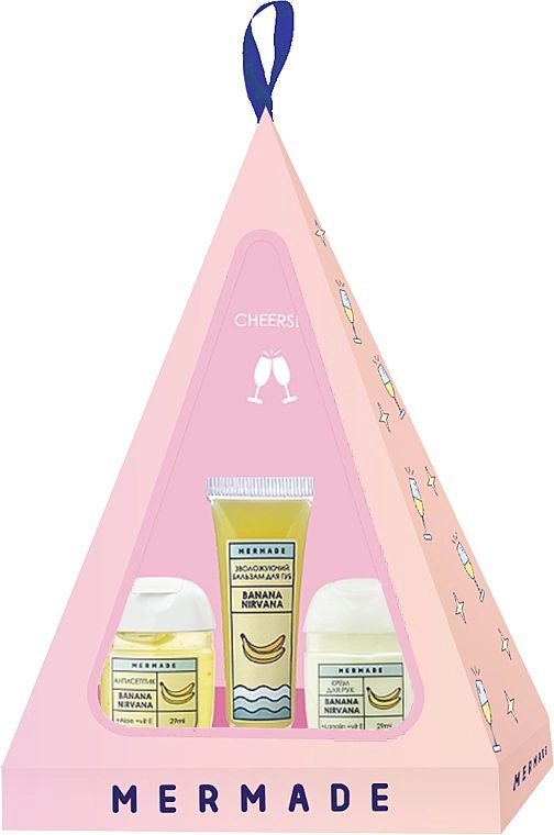 Подарунковий набір пірамідка - Mermade Banana Nirvana, крем для рук, бальзам для губ, антисептик - фото N1