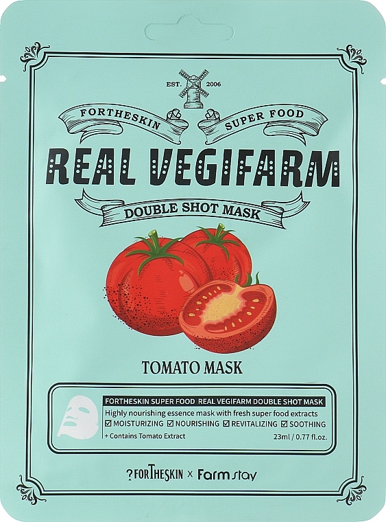 Поживна освітлююча маска для обличчя з екстрактом томату - Fortheskin Super Food Real Vegifarm Double Shot Mask Tomato, 23 мл, 1 шт - фото N1