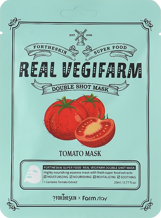 Питательная осветляющая маска для лица с экстрактом томата - Fortheskin Super Food Real Vegifarm Double Shot Mask Tomato, 23 мл, 1 шт - фото N1