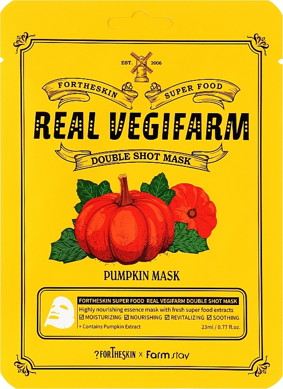 Поживна протинабрякова маска для обличчя з екстрактом гарбуза - Fortheskin Super Food Real Vegifarm Double Shot Mask Pumpkin, 23 мл, 1 шт - фото N1