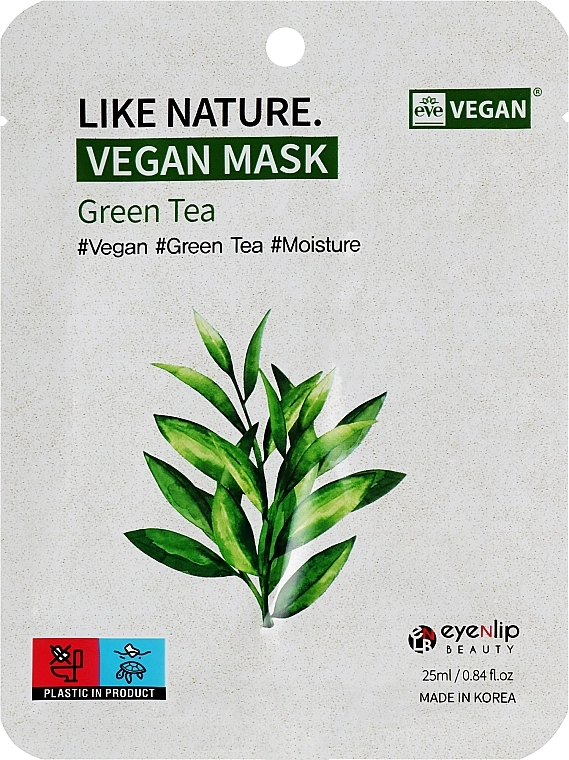 Тканинна маска для обличчя з екстрактом зеленого чаю - Eyenlip Like Nature Vegan Mask Green Tea, 25 мл, 1 шт - фото N1