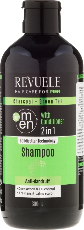 Чоловічий шампунь і кондиціонер 2в1 з вугіллям та зеленим чаєм - Revuele Men Charcoal + Green Tea 2in1 Shampoo, 300 мл - фото N1