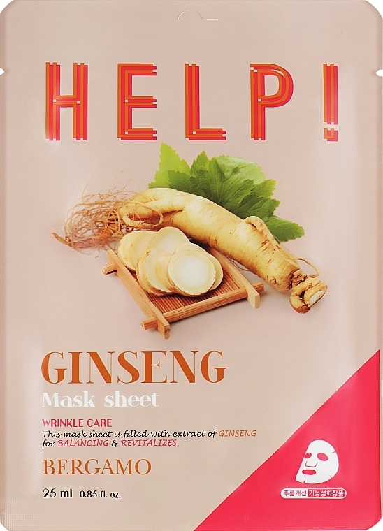 Тканинна маска для обличчя з екстрактом женьшеню - Bergamo HELP! Ginseng Mask Sheet, 25 мл, 1 шт - фото N1