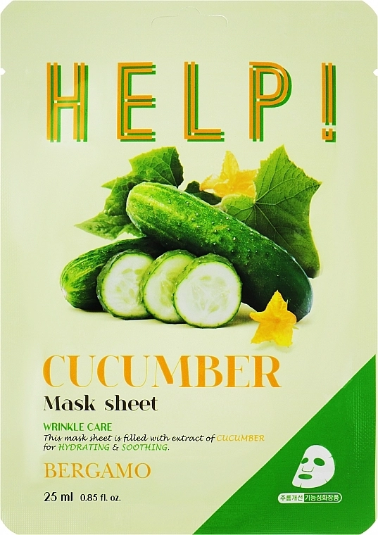 Тканевая маска для лица с экстрактом огурца - Bergamo HELP! Cucumber Mask Sheet, 25 мл, 1 шт - фото N1