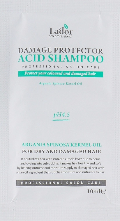 Бесщелочной (кислотный) шампунь для волос после окрашивания или завивки с аргановым маслом - La'dor Damage Protector Acid Shampoo, 10 мл - фото N1