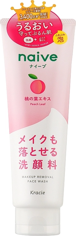 Пінка для вмивання та видалення макіяжу з екстрактом листя персикового дерева - Kracie Naive Peach Leaf Face Wash, 200 г - фото N1
