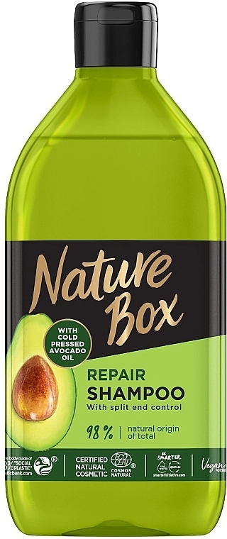 Шампунь для восстановления волос и против секущихся кончиков с маслом авокадо холодного отжима - Nature Box Repair Vegan Shampoo with cold pressed Avocado oil, 385 мл - фото N1