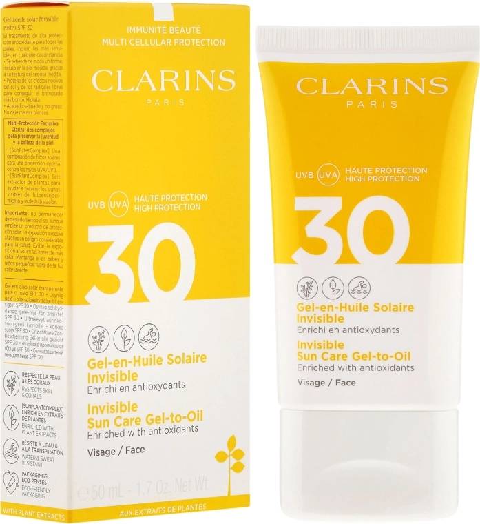 Солнцезащитный гель для лица - Clarins Gel-en-Huile Solaire Invisible Visage SPF 30, 50 мл - фото N1