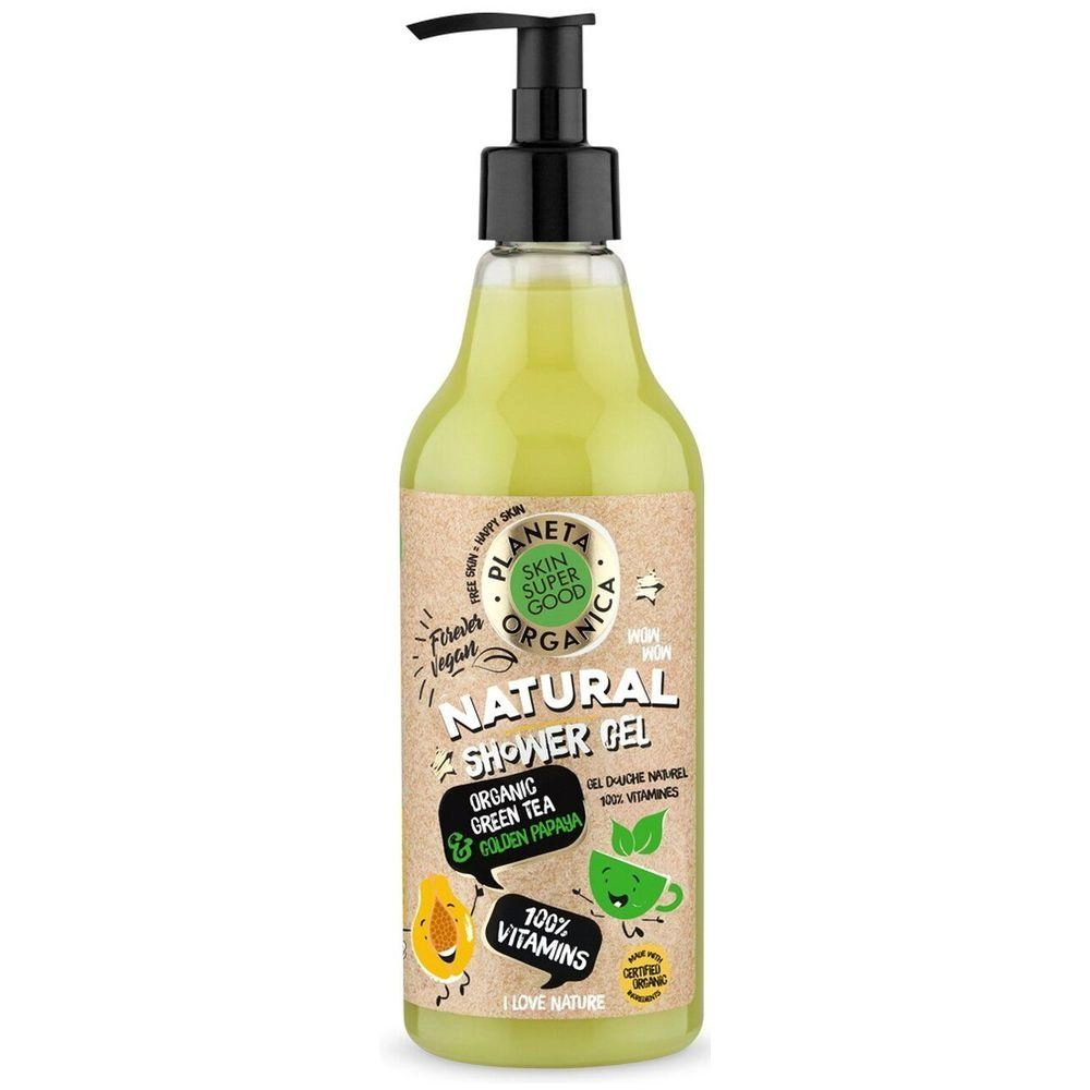 Гель для душу із зеленим чаєм та папаєю - Planeta Organica Skin Super Good Natural Shower Gel 100% Vitamins Organic Green Tea & Golden Papaya, 500 мл - фото N1