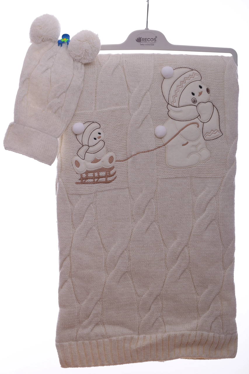 Recos Baby Плед вязаный с шапкой Снеговик 100*90 см молочный - фото N1