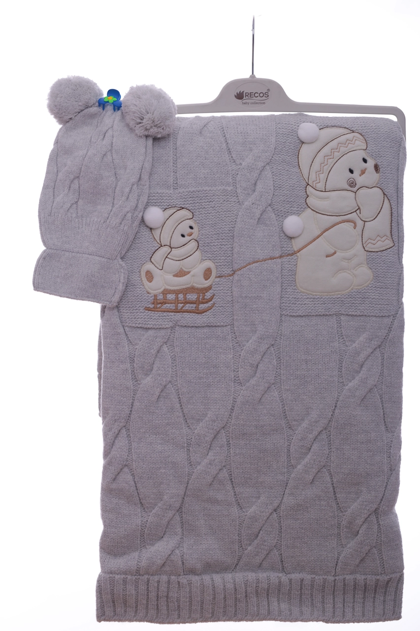 Recos Baby Плед вязаный с шапкой Снеговик 100*90 см светло-серый - фото N1