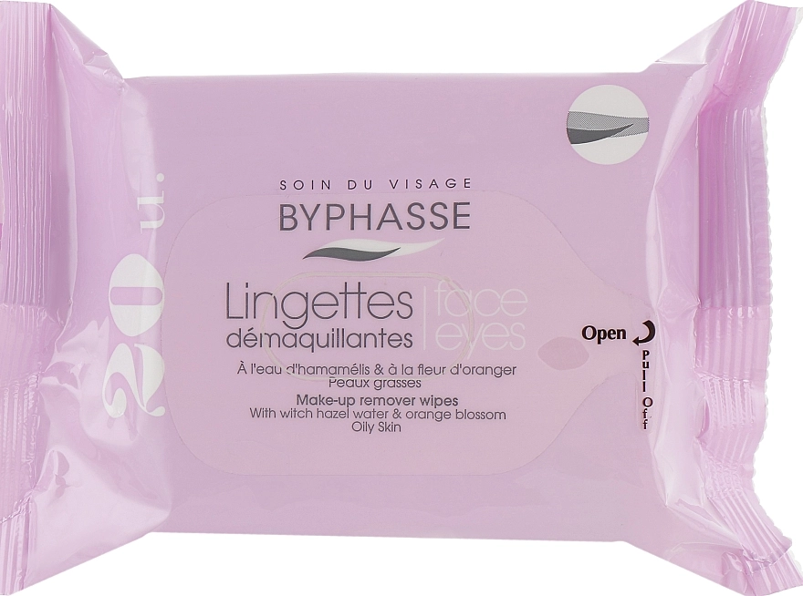 Серветки очищаючі для жирної шкіри - Byphasse Make-up Remover Wipes Witch Hazel Water & Orange Blossom, 20 шт - фото N1