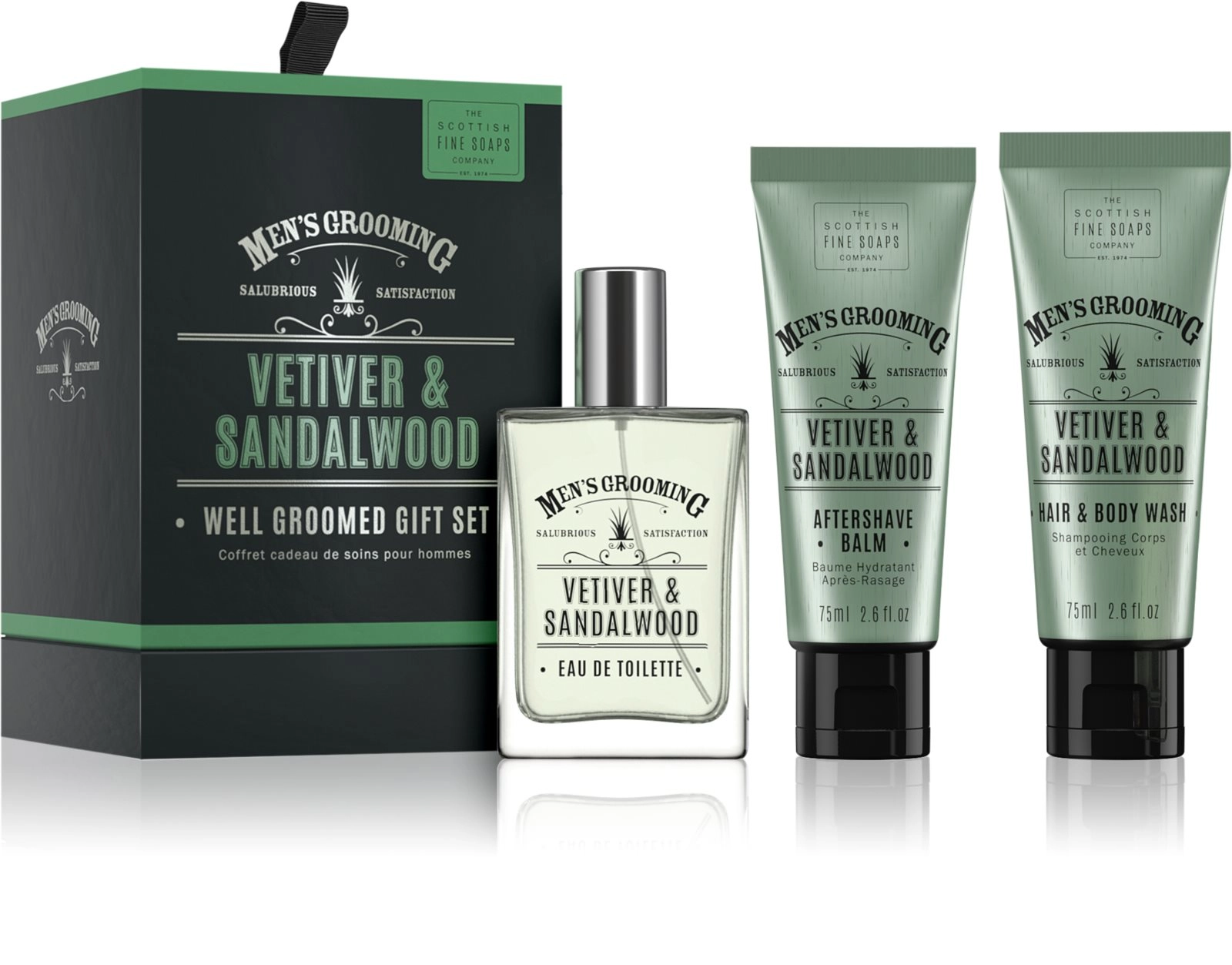 Набір для чоловіків - Scottish Fine Soaps Men's Grooming Vetiver & Sandalwood, туалетна вода + гель для душу + бальзам для гоління - фото N1