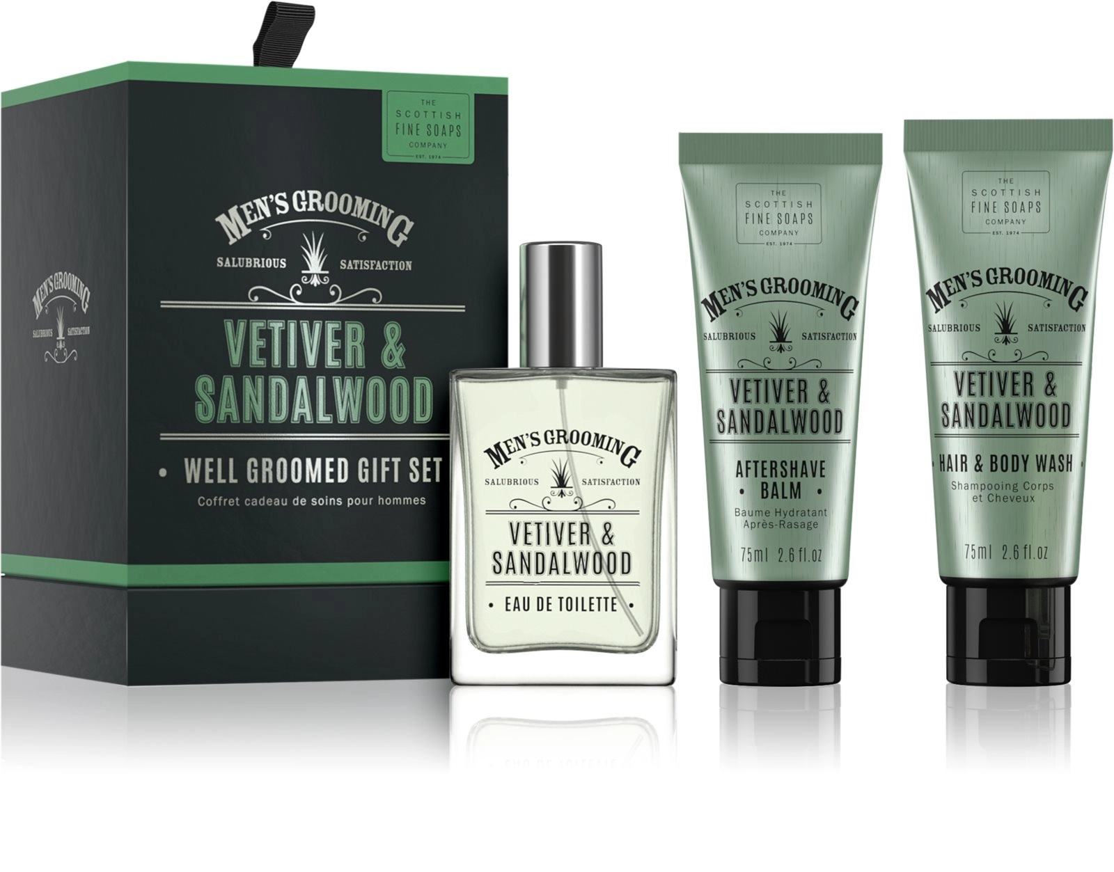 Набор для мужчин - Scottish Fine Soaps Men's Grooming Vetiver & Sandalwood, туалетная вода + гель для душа + бальзам для бритья - фото N1