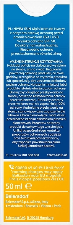 Nivea Солнцезащитный крем для лица SPF50 Sun Alpin Sun Cream for Face SPF 50+ - фото N2
