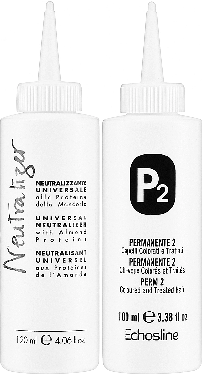 Echosline Комплект для химической завивки окрашенных волос Perm P2 (neutraliz/120ml + perm/100ml) - фото N2