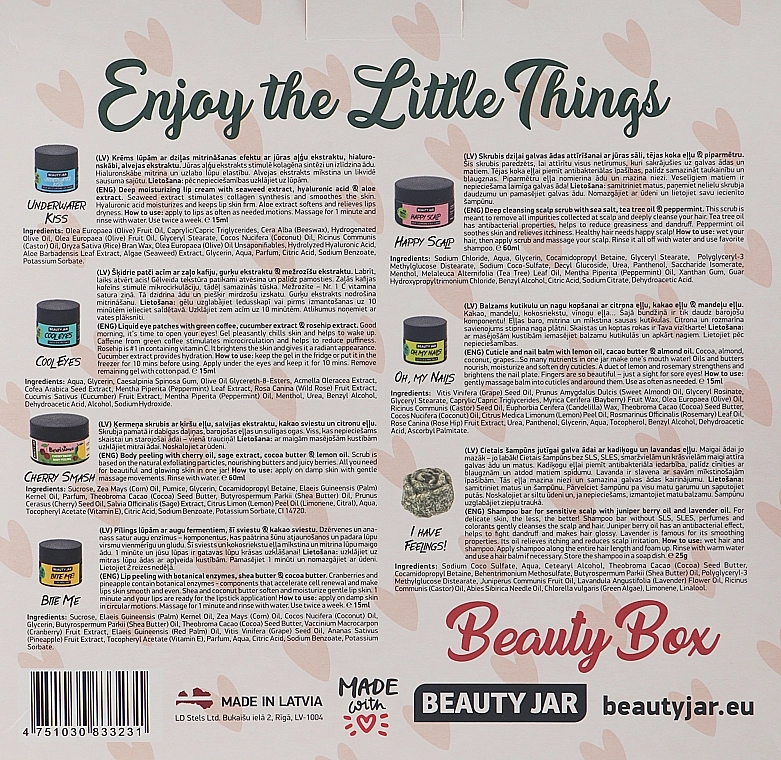 Beauty Jar Набор Enjoy The Little Things Gift Set (l/cr/15ml + eye/patch/15ml + b/peel/60ml + l/scr/15ml + h/scr/60 ml + n/balm/15ml + shmp/25g) - фото N3