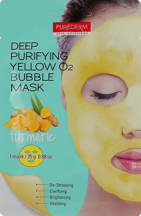 Purederm Кислородная маска для глубокого очищения лица "Куркума" Deep Purifying Yellow O2 Bubble Mask - фото N1