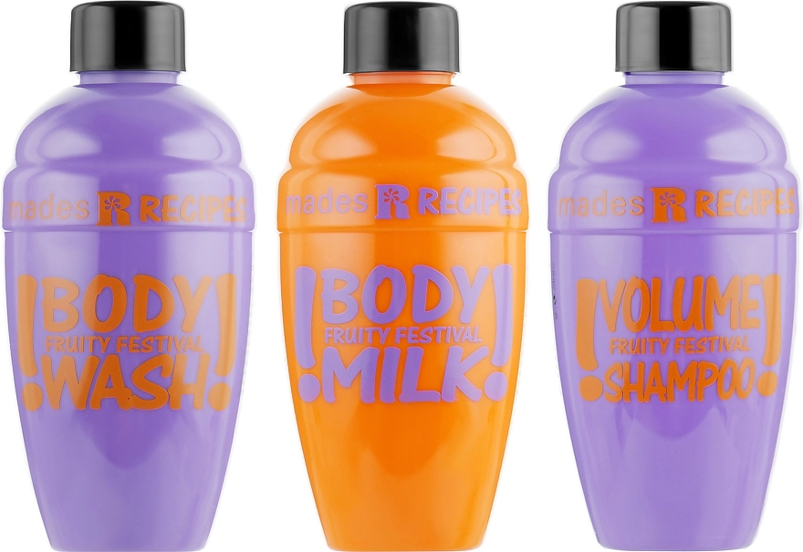 Mades Cosmetics Набор "Фруктовый фестиваль" Recipes Fruity Festival (shm/100ml + sh/gel/100ml + b/milk/100ml + pouch) - фото N2