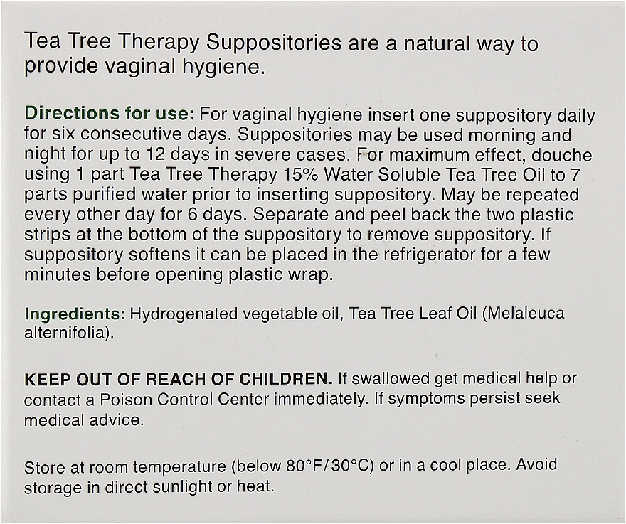 Tea Tree Therapy Суппозитории с маслом чайного дерева для вагинальной гигиены Suppositories For Vaginal Hygiene - фото N3