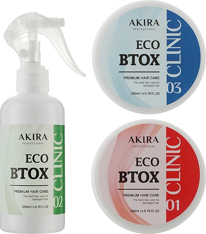Akira Набір Eco Btox Hair Clinic 01 ,02, 03 (h/mask/2*1000ml+h/spray/200ml) - фото N1